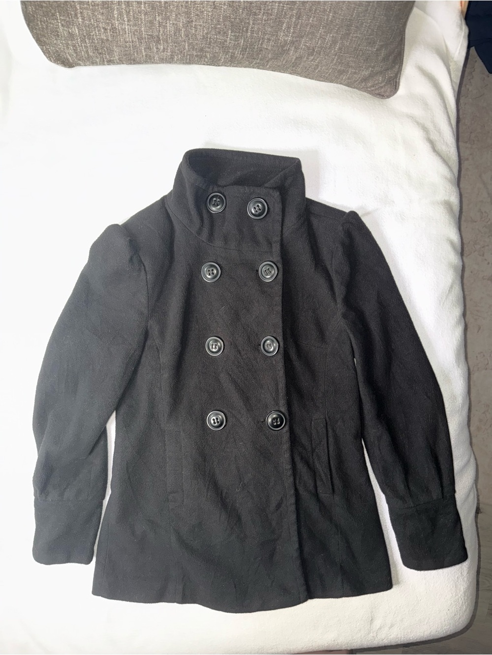 Women's Black Double-Breasted Pea Coat with Stand Collar